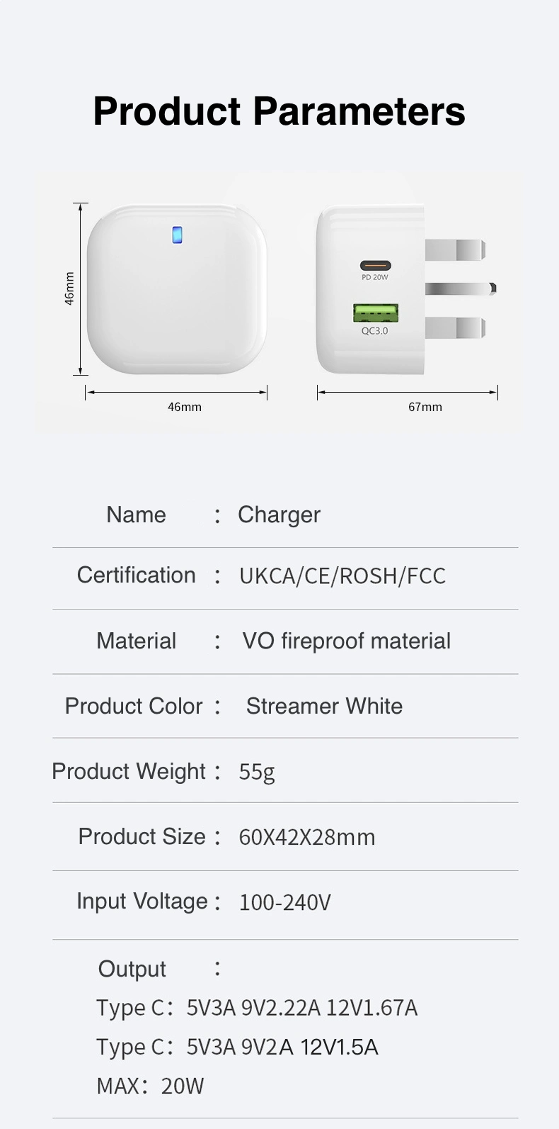 High Quality 20W USB Type C 2 Port Charging Head with CE Ukca Support OEM ODM